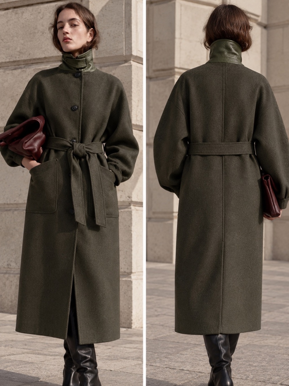 Zara Khaki Wool Blend Belted High Neck Coat Size Small NWT 8509/396